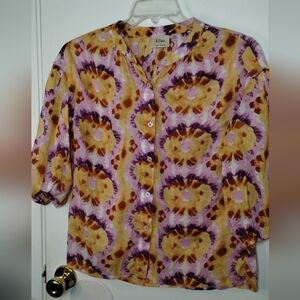 Elie Tahari Women's S Floral Tie-Dye Button-Up Blouse 3/4 Sleeve Lightweight